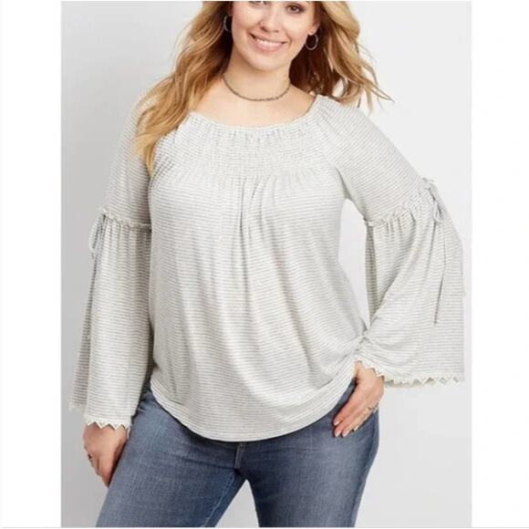 Maurices Top Small Gray Striped Ruffle Flare Boho Rodeo‎ Peasant Cottage Shirt - Picture 1 of 11